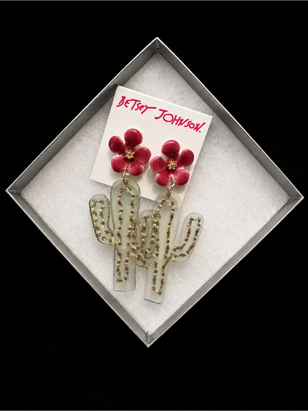 Betsey Johnson Acetate Cactus Flower Drop Earrings Pink Gold Tone